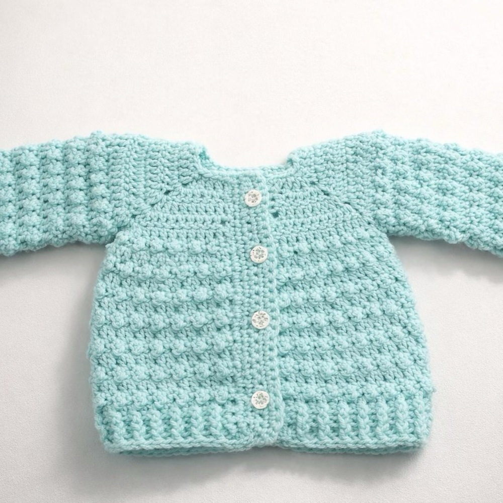 Handmade Crochet Baby Sweater in Mint with Floral Buttons - 6-12 months